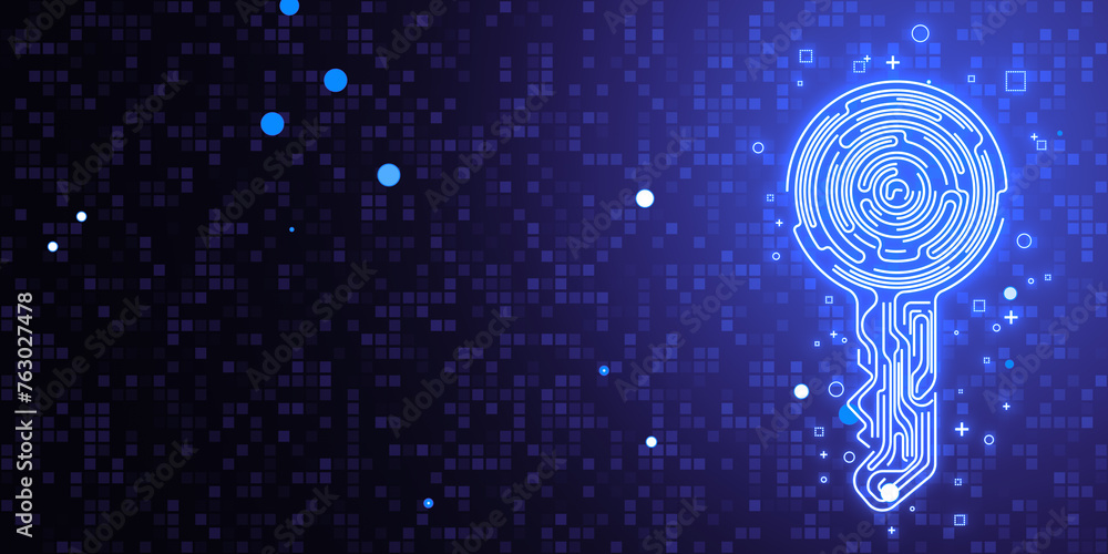 Poster Creative fingerprint key on blue backdrop. Concept of cyber security or private key in cryptocurrency technology, shape of key combined with fingerprint and electronic pattern. 3D Rendering.