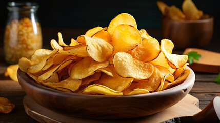 Crusty potato chips served in wooden bowl near scatter