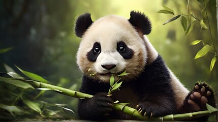 Obraz premium panda eating bamboo-Bamboo Banquet: A Panda's Feast in the Forest - Exploring Chiaroscuro with High-Quality Imagery
