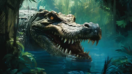 Zelfklevend Fotobehang Crocodile emerges from emerald waters a wild jungle background © Cybonix