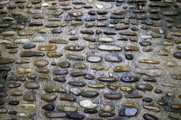 Old wet cobblestone floor - 763027632