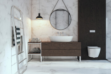 Bright marble hotel style bathroom interior. Interior designs concept. 3D Rendering.