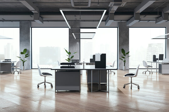 Bright spacious coworking office interior with wooden flooring, furniture, windows and city view. 3D Rendering.