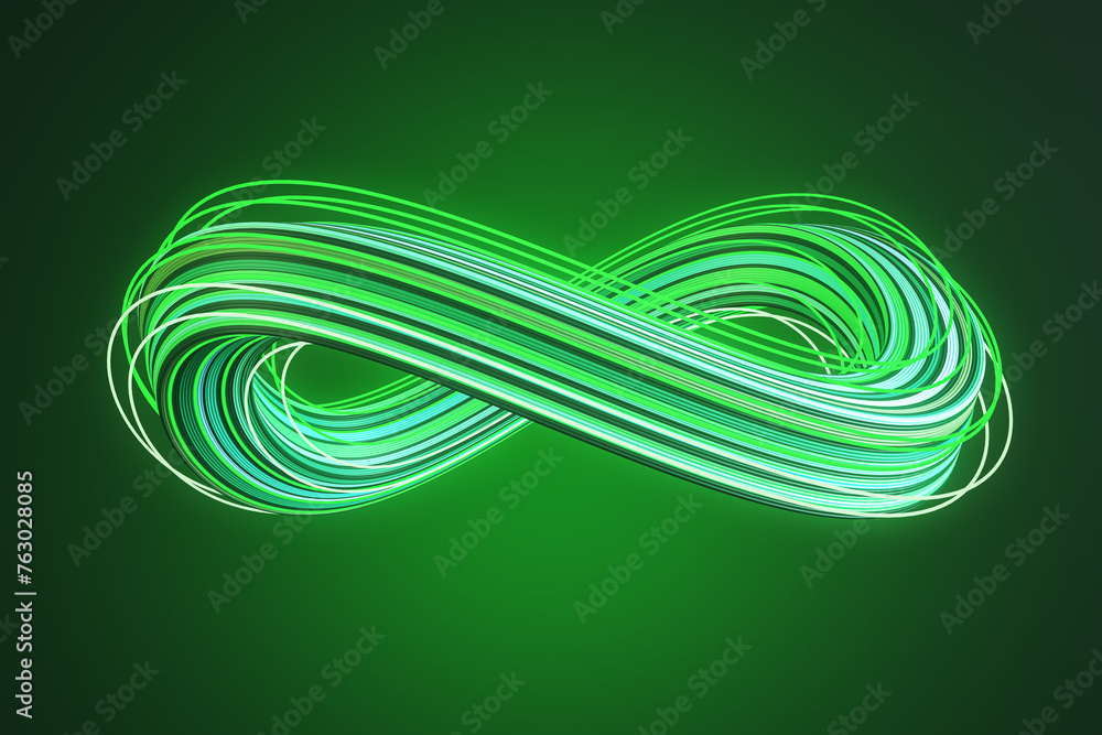 Aufkleber Abstract 3D infinity loop in neon green on a dark green background. Endless motion concept. 3D Rendering
