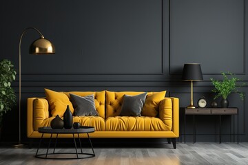 stylist and royal Living room with blue sofa and yellow armchair, space for text, photographic