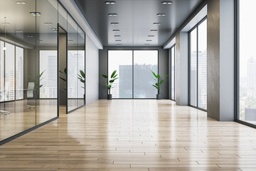 Modern glass office corridor interior with wooden flooring, window with city view and reflections....