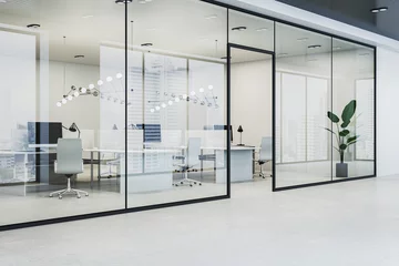 Photo sur Aluminium Ciel Bright glass office corridor interior with concrete flooring, window with city view and reflections. 3D Rendering.