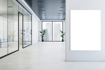 Modern glass office corridor interior with blank white mock up poster on wall, concrete flooring, window with city view and reflections. 3D Rendering.