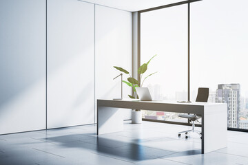Simple home office interior with panoramic window and city view, workplace and sunlight. 3D Rendering.