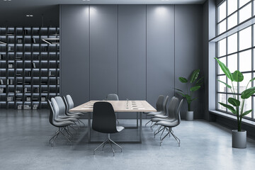 Modern meeting room interior with window and city view. 3D Rendering.