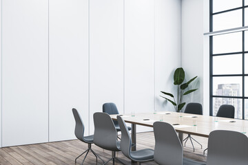 Simple meeting room interior with wooden flooring, window and city view. 3D Rendering.