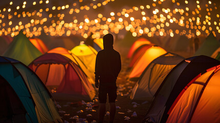 a lone figure standing amidst a sea of festival tents, their silhouette stark against the setting...