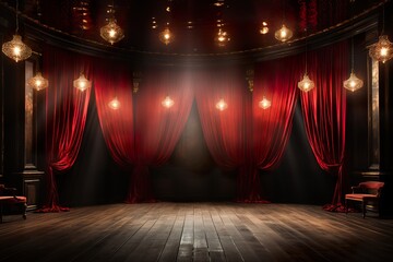 stylist and royal Magic theater stage red curtains Show Spotlight, space for text, photographic