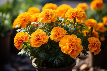 Naklejka na ściany i meble stylist and royal Marigold flowers or tagetes marigolds or ganda. Orange flower in garden, space for text