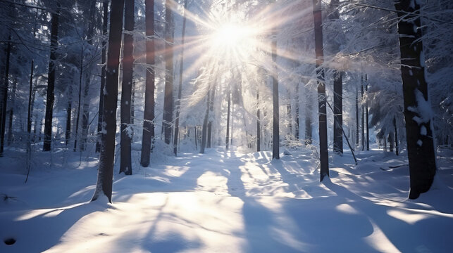 Day snowcovered forest the suns rays shine 