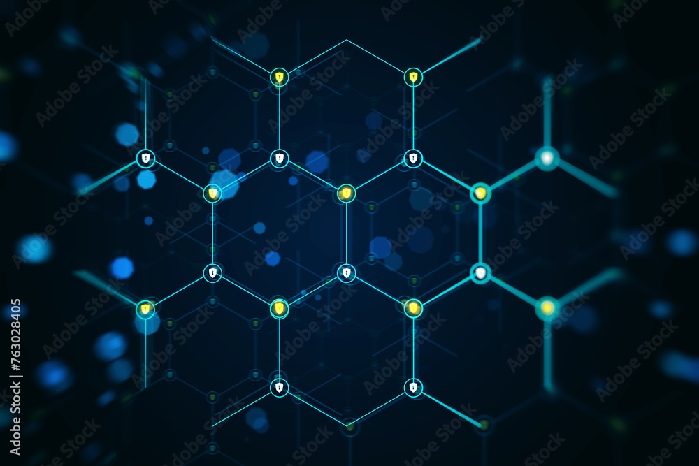 Poster An abstract digital network design on a dark blue background with glowing connections and data points. 3D Rendering