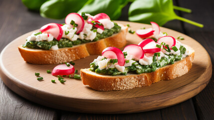 Delicious bruschetta with radish and spinach isolated