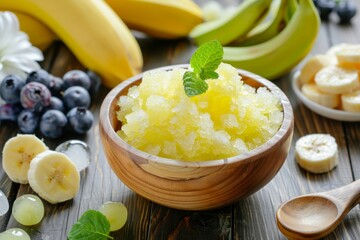 Banana granita with fruit around on wooden table with bowl of ice and white isolated background....