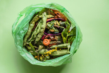 Garbage sorting. Organic food waste from vegetable ready for recycling and to compost in the corn based natural biodegradable bags on the green. Environmentally responsible behavior, green technology - 763028495