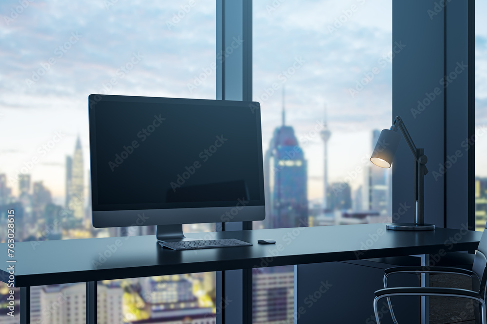 Poster Bright office interior with empty computer monitor on desk and panoramic windows with beautiful city view and daylight. Mock up. Workplace concept. 3D Rendering.