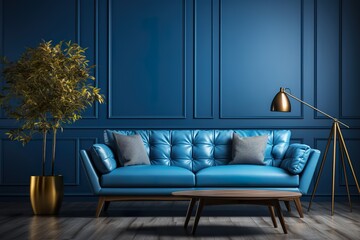 stylist and royal Mock up interior for living room, luxury blue sofa in gray background, space for text