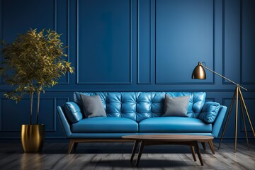 stylist and royal Mock up interior for living room, luxury blue sofa in gray background, space for...