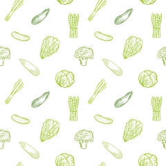Green vegetables outline vector seamless pattern. Healty food, veggies background, backdrop, wallpaper, packaging design.