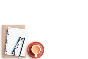 Wood office desk table with notebook, cup of coffee and glasses,flat lay.