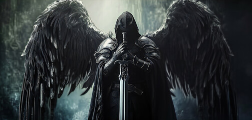Dark Warrior with Angel Wings and Sword in Fog