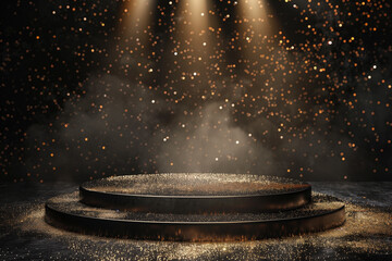 A round podium glitters under a spotlight on a darkened stage