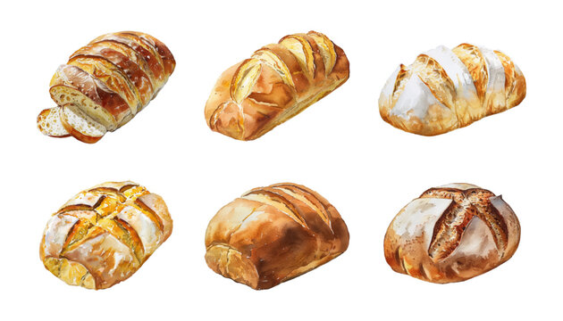Watercolor set of bread.Bread watercolor icon wheat food product. Various loaves of fresh bread png. Vector illustration.