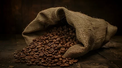 Foto op Aluminium Isolated burlap sack overflowing with roasted brown coffee beans, releasing an intense aroma © Coffee Cafe Lover