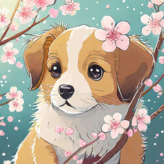 벚꽃 핀 나무와 사랑스러운 강아지  - obrazy, fototapety, plakaty