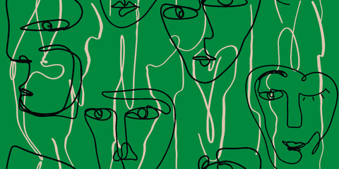 Seamless pattern line drawing of women with different faces - 763029678