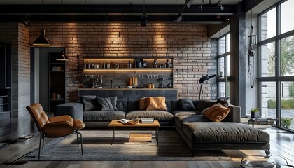 Loft Living Room with Brick Wall