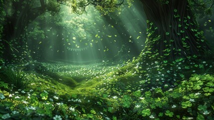 Fototapeta na wymiar Enchanted Green Forest with Streaming Sunlight and Floating Leaves