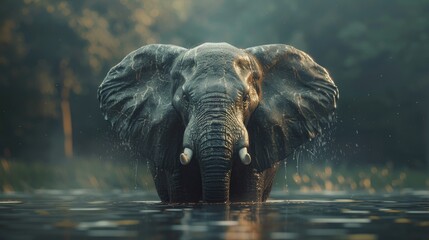 Elephant Splashing in Water at Dusk with Sunlight Behind  