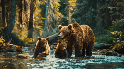 Mother Bear Teaching Cubs to Catch Fish in a Forest Stream

