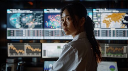 Female Analyst Pensively Overlooking a Wall of Data Monitors in Office

