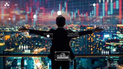 Concept of successful businessman in stock market. A cybernetic executive controlling interactive financial charts, overlooking the urban neon sprawl.