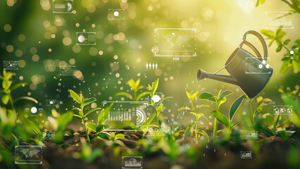 Digital agriculture with holographic interfaces showing statistics of plant growth amidst greenery.
