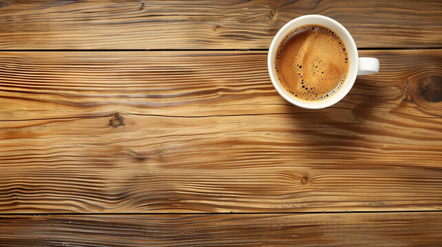 A brown mug filled with coffee sits on a wooden table