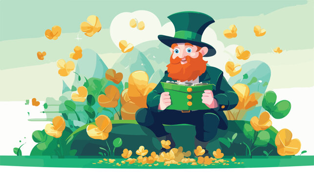 Leprechaun on spring background with a treasure flat