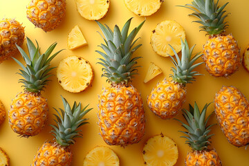 Pineapple pattern on yellow background. Minimal summer concept. 