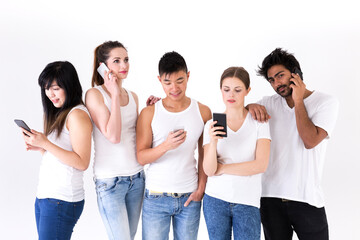 Happy group of friends using there Smartphone's.