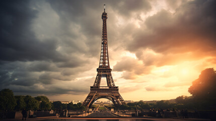 Fototapeta na wymiar Eiffel Tower against cloudy sky Paris