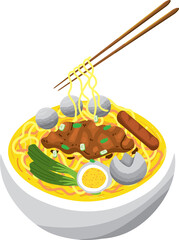 Chicken noodle soup Indonesian style meal in white bowl illustration with chopstick and meat ball