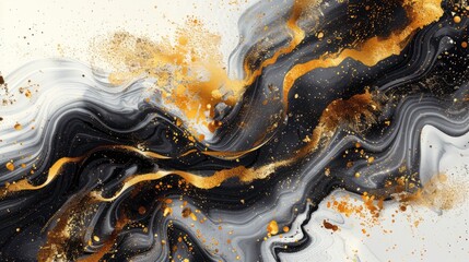 Luxury gold and black liquid background , fluid splash, swirl on white. Luxury golden flow