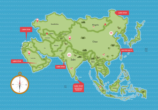 Asia Map Vector Layout in Cute Style