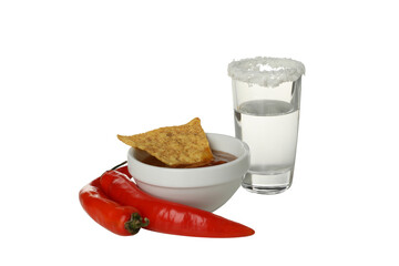 PNG,A glass of tequila with chili pepper and nachos, isolated on white background